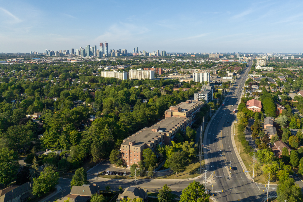 aerial view with parks and buildings Streetsville Neighbourhood